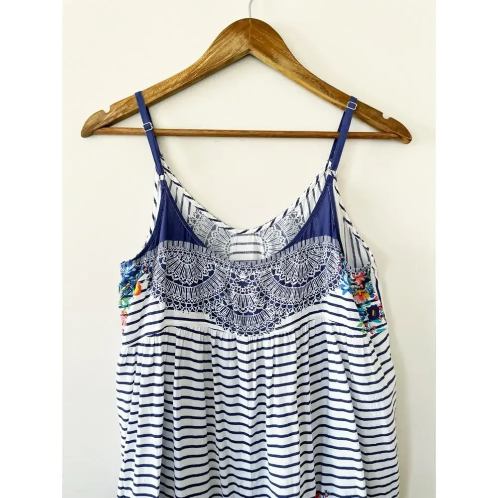 CAbi Navy and White Striped Cami with Floral Hem Size Medium EUC